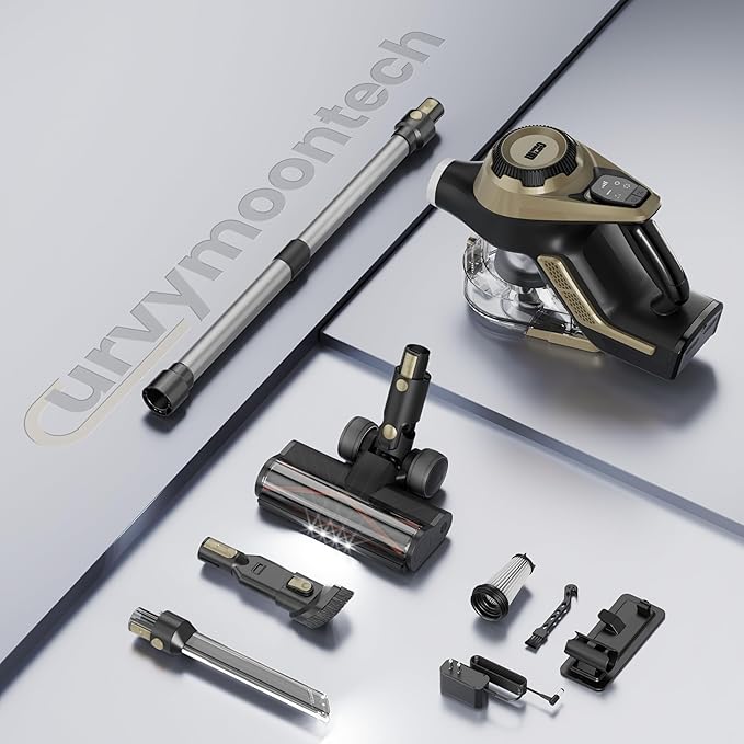 Cordless Vacuum Cleaner, 30Kpa Home Stick Vacuum, Smart Display & 1.5L Dust Cup, 55mins Max Runtime, Rechargeable Lightweight Handheld Vavuum for Pet Hair/Carpet/Hardwood Floor/Car (Golden)