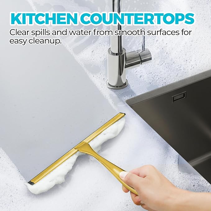 2PACK 10-Inch Golden All-Purpose Shower Squeegee for Shower Doors, Bath Linen Sets, Tile Shower Walls, Bathroom, Window, Glass and Car Windshield, Mirrors and Kitchen-Stainless Steel