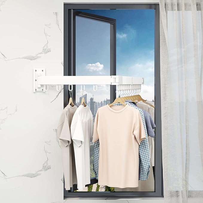 Clothes Drying Rack,Laundry Drying Rack,Wall Mounted Clothes Rack,Laundry Rack Wall Mount,Folding Retractable Collapsible Drying Rack Clothing (Three-Poles,Loop Hooks,White)