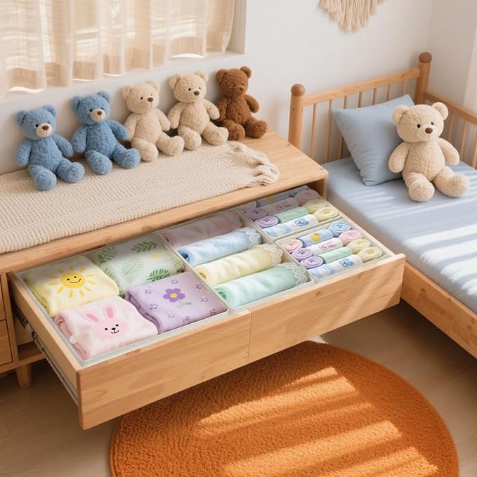 Drawer Organizer Clothes & Dresser Organizers - 12 Pack Foldable Drawer Dividers, Baby Clothes Organizer & Nursery Storage for Sock, Underwear, Bra, Belt, Closet and Dresser Drawer Organizers (Beige)