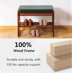 Solid Wood Shoe Bench, 2-Tier Wooden Entryway Bench, Modern Shoe Rack with Faux Leather Cushion for Hallway, Living Room (Green, 21.65'')
