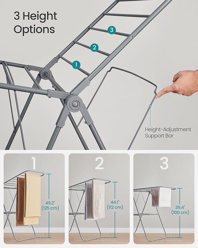 SONGMICS Clothes Drying Rack, with Sock Clips, Metal Laundry Rack, Foldable, Space-Saving, Free-Standing Airer, with 2 Height-Adjustable Gullwings, Indoor Outdoor Use, Gray ULLR052G01