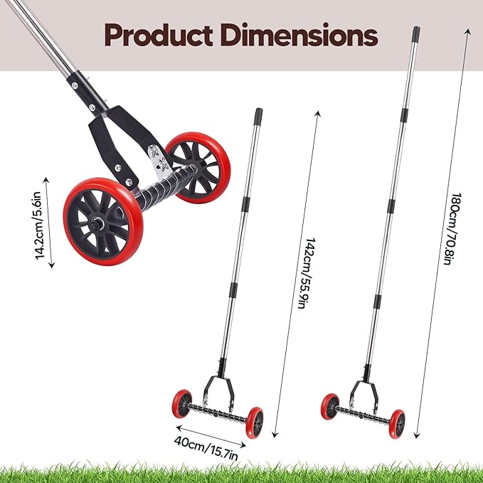 Uranshin Lawn Thatch Rake with Wheels, Dethatching Roller Rake for Lawn Care, Sturdy Stainless Steel Blades Tines, Heavy Duty Yard Lawn Thatch Remover for Moss, Grass Clippings, Leaves & Debris