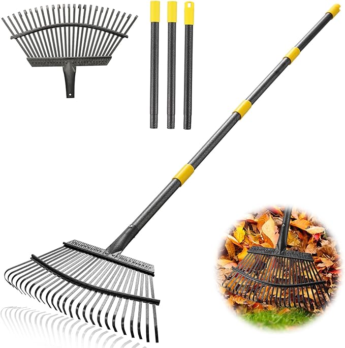 Garden Rake for Leaves, Heavy Duty 25 Tines Metal Leaf Rake，65" Adjustable Long Handle 18" Wide Yard Rake for Lawns Flower Bed Grass Mulch Shrub Camping Gardening