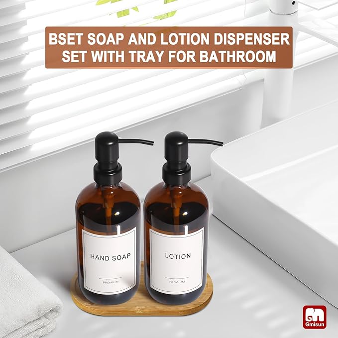 GMISUN Amber Glass Soap Dispenser, 2 Pack Bathroom Hand Soap Dispensers with Bamboo Tray, 17 Fl Oz Kitchen Hand and Dish Soap Dispenser Set, Modern Vintage Liquid Brown Soap Dispensers Bottle