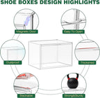 4 Pack X-Large Shoe Boxes Clear Plastic Stackable Storage Box Size 14 Thicken Sneaker Shoes Containers with Magnetic Door Acrylic Display Case Organizer for Closet