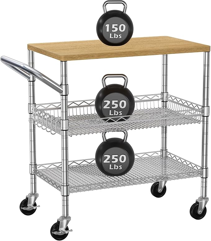 3 Tier Rolling Kitchen Carts on Wheels with Storage,650Lbs Heavy Duty Utility Carts with Wheels,Kitchen Island with Wood Tabletop,Metal Serving Rolling Cart for Small Appliance Food Cart,Wood+Metal