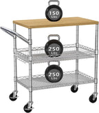 3 Tier Rolling Kitchen Carts on Wheels with Storage,650Lbs Heavy Duty Utility Carts with Wheels,Kitchen Island with Wood Tabletop,Metal Serving Rolling Cart for Small Appliance Food Cart,Wood+Metal
