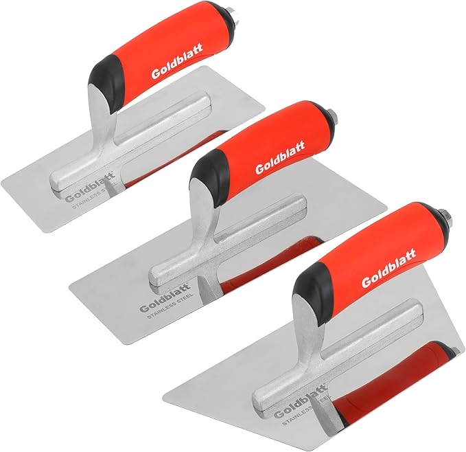 Goldblatt Venetian Plaster Finishing Trowel Set, 3 Pieces Polished Stainless Steel Drywall & Concrete Trowels with Soft Grip Handle, Paint Plastering & Marmorino Finishing Tools, Trapezoid Blade