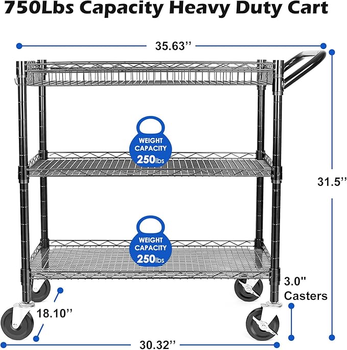 WDT Heavy Duty 3 Tier Utility Cart,Wire Rolling Cart with Wheels, Commercial Grade Service Cart with Shelving Liners and Handle Bar Metal Carts for Kitchen Office Hardware (750LBS Capacity Black)