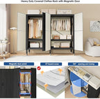 Heavy Duty Covered Clothes Rack with Magnetic Door Foldable Portable Wardrobe Closet for Hanging Clothing Rolling Black Metal Garment Rack on Wheels Closet System (Black, 58.9in)