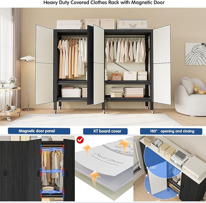 Heavy Duty Covered Clothes Rack with Magnetic Door Foldable Portable Wardrobe Closet for Hanging Clothing Rolling Black Metal Garment Rack on Wheels Closet System (Black, 74.7in)