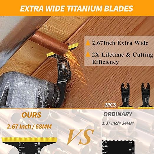 58Pcs Oscillating Tool Blades Kit, Titanium Extra Long& Wide Multitool Saw Blades for Metal Wood Nails Drywall Cutting, Compatible with Dewalt, Dremel, Fein, Milwaukee, Craftsman, Ryobi