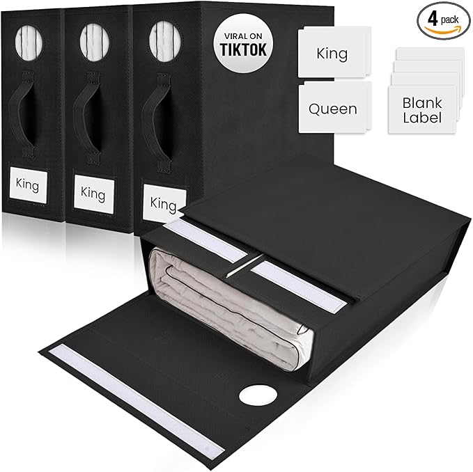 4 Pack Bed Sheet Organizer and Storage, Foldable Storage Bed Sheet Organizer for Linen Closet with Viewing Window & Label for Bedding Sheets & Blankets (Queen & King Size) Black
