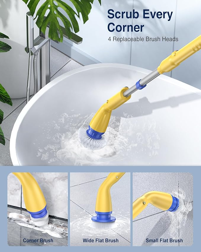 LABIGO Electric Spin Scrubber LA1 Pro, Cordless Spin Scrubber with 7 Replaceable Brush Heads and Adjustable Extension Handle, Power Cleaning Brush for Bathroom Floor Tile Yellow