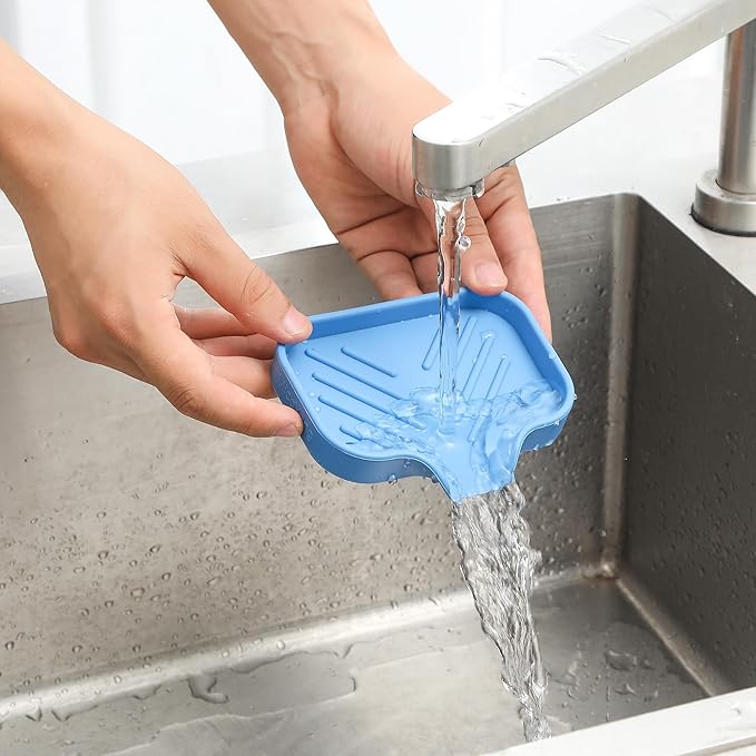 Silicone Bathroom Soap Dishes with Drain Spout-Bathroom and Kitchen Sink Organizer,Sponge Holder,Dish Soap Tray,Perfect for Dispenser,Scrubber,Bottle,Cup on Counter Lichen Blue 4.9"×3.2"