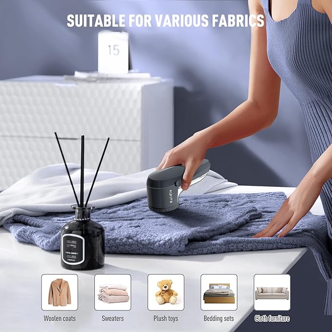 Ruidla Fabric Shaver Defuzzer, Electric Lint Remover, Rechargeable Sweater Shaver with Stainless Steel 3-Leaf Blades, Dual Protection, Removable Bin, Easy Remove Fuzz, Lint, Pills, Bobbles