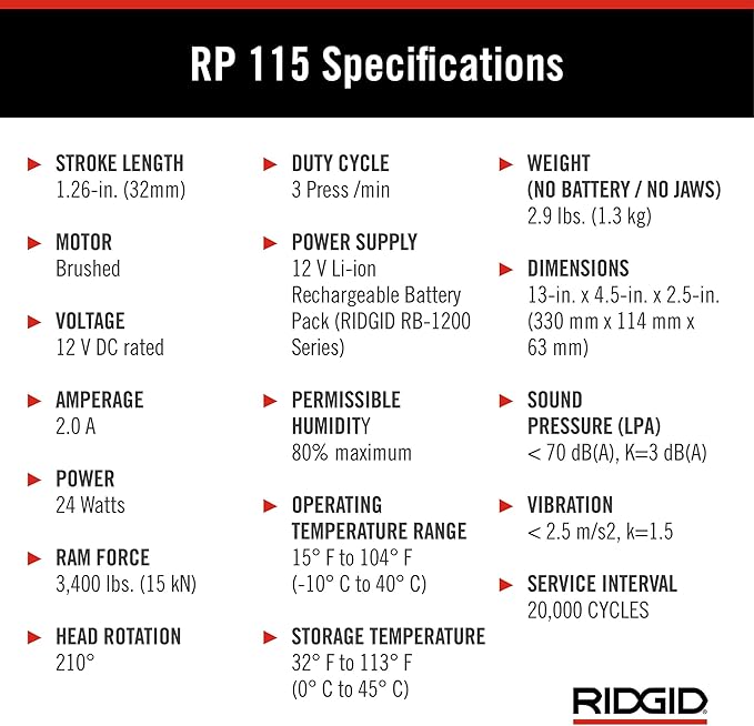 RIDGID 72558 Model RP 115 Mini Press Tool and Battery Kit with 1/2" to 3/4" ProPress and PureFlow Press Tool Jaws, 2V Li/Ion Battery, 12V Charger, and Carrying Case