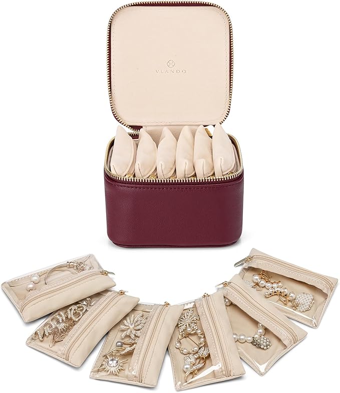 Vlando Jewelry Travel Case,Travel Jewelry Organizer with Clear Velvet Jewelry Bags 6Pcs Zipper Pouch for Women-Red