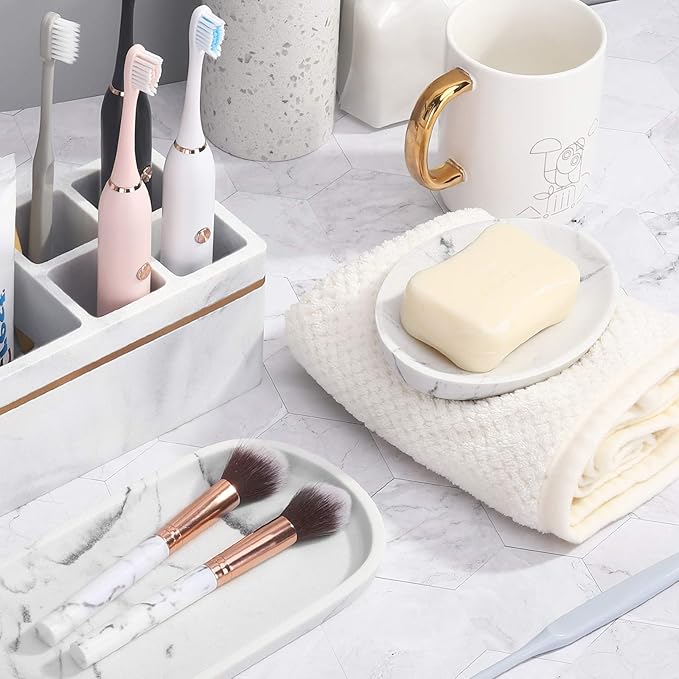 Shinowa Soap Dish, Resin Soap Saver Sponge Dish Tray Mini Storage Tray for Bathroom Bedroom Vanity Table Kitchen Counter-Top Organization, Gravel White