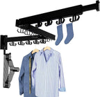 Clothes Drying Rack, Wall Mounted Laundry Drying Rack, Upgrade 3-Fold Foldable Collapsible Retractable Clothing Drying Rack with 12 Dual Hooks Organization for Laundry Room Indoor- Black