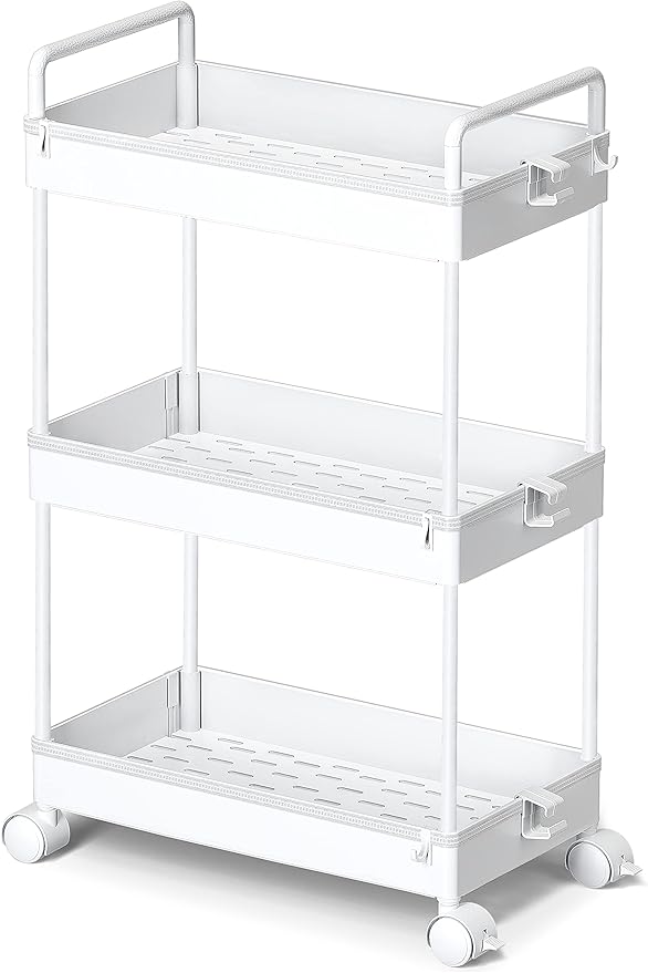 Ronlap 3 Tier Slim Rolling Storage Cart with Wheels Plastic Utility Cart Organizer for Snack Craft Art Postpartum Baby Diaper Nail Makeup in Bathroom Laundry Room Kitchen Bedside Narrow Space, White