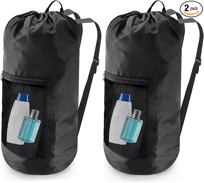 Laundry Bag Backpack,Olosar 2PCS Extra Large Travel Laundry Bag with Mesh Pocket & Adjustable Shoulder Straps,Dirty Clothes Travel Bag for College Students Dorm,Apartment(Black)