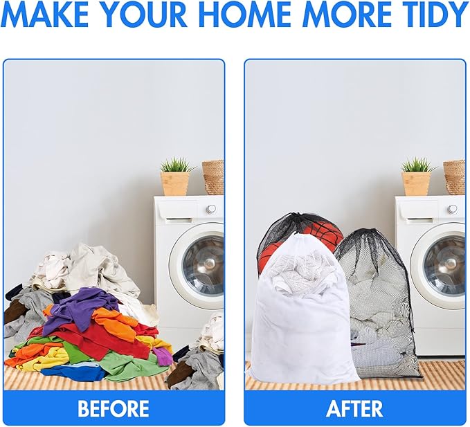 Berlune 30 Pack 24 x 36 Inches Large Mesh Bags for Laundry, Wash bags, Sturdy Mesh Material Closed with Drawstring, Factory, University, Dormitory, Travel and Apartment Dweller (Black, White)