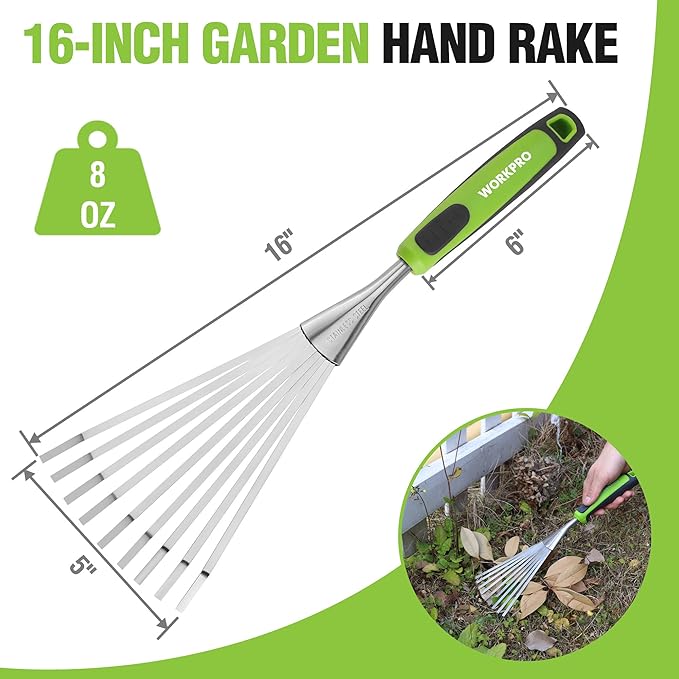WORKPRO 16" Hand Rake, Heavy Duty Stainless Steel Garden Rake with Soft Handle, Small Garden Hand Tool for Gardening, Cultivating, Loosening Soil & Spreading Mulch, Flower Beds
