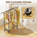 HYSEYY Double Rods Clothes Rack, Rolling Clothing Rack for Hanging Clothes Portable Wardrobe Rack, Metal Garment Rack Sturdy Coat Rack for Bedroom Laundry Living Room, Black