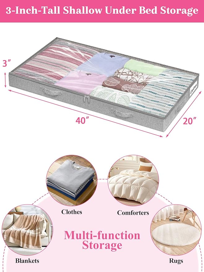 Low Profile Under Bed Storage, 3 Inches High Underbed Storage Containers Bins, NO STRUCTURE, Foldable Clothes Storage and Organizer with Lid & Zipper, Shallow Storage for Low Bed Couch Crib, 2-Pack