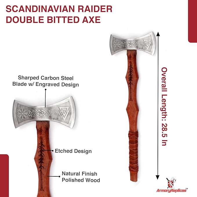 Armory Replicas™ Viking Raider Double Bitted War Axe - Hand Crafted Tempered Carbon Steel Norse Inspired Battle Axe w/Genuine Leather Sheath