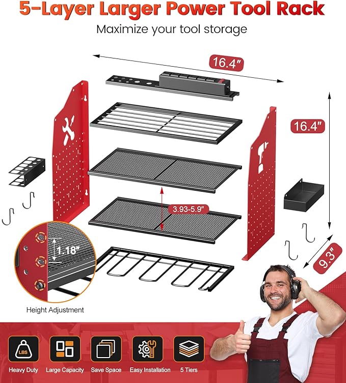 [2025 Upgraded] Power Tool Organizer Wall Mount with Charging Station, [5-Layer 220 LBS Heavy Duty], Metal Garage Tool Organizer Storage, Tool Battery Utility Racks for Room Garage Workshop Workbench