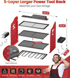 [2025 Upgraded] Power Tool Organizer Wall Mount with Charging Station, [5-Layer 220 LBS Heavy Duty], Metal Garage Tool Organizer Storage, Tool Battery Utility Racks for Room Garage Workshop Workbench