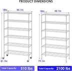 FDW 45"L×18"W×82"H Wire Shelving Unit Storage Cart Metal Shelf Rolling Utility Cart 2100Lbs Capacity with 6 Tier Casters Adjustable Layer Rack Strong Steel for Restaurant Garage Pantry Kitchen,Chrome