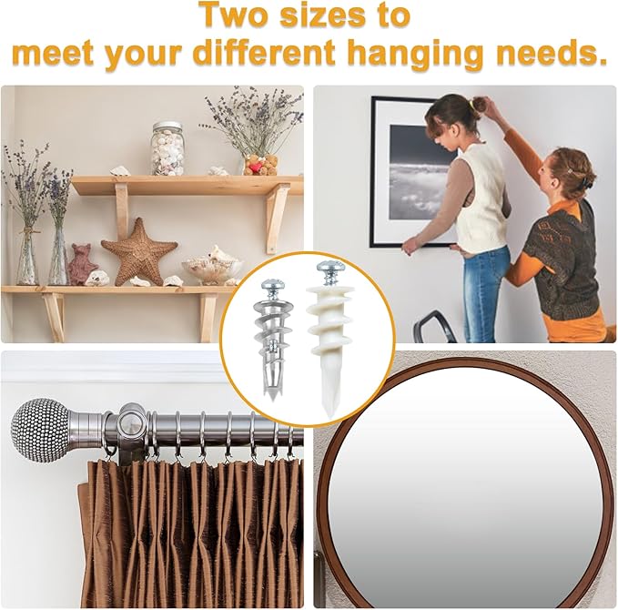 KURUI Self Drilling Drywall Anchors Assortment Kit, 200PCs Picture Hanging Kit for Frame,Curtain Rods,Art Hanging, 100PCs #6 Heavy Duty Metal Dry Wall Anchors 100PCs #8 Plastic Drywall Hangers