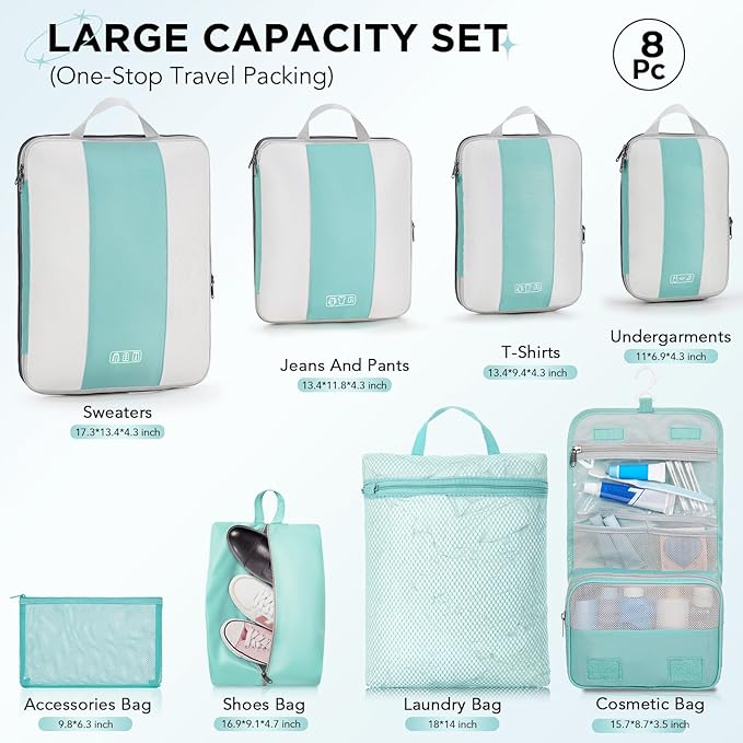 8 Set Compression Packing Cubes for Travel Essentials,Compressible Expandable Packing Cubes for Suitcase,OlarHike Luggage Organizer Bags for Travel,Handy Helper for Organizing Clothes(New Blue Green)
