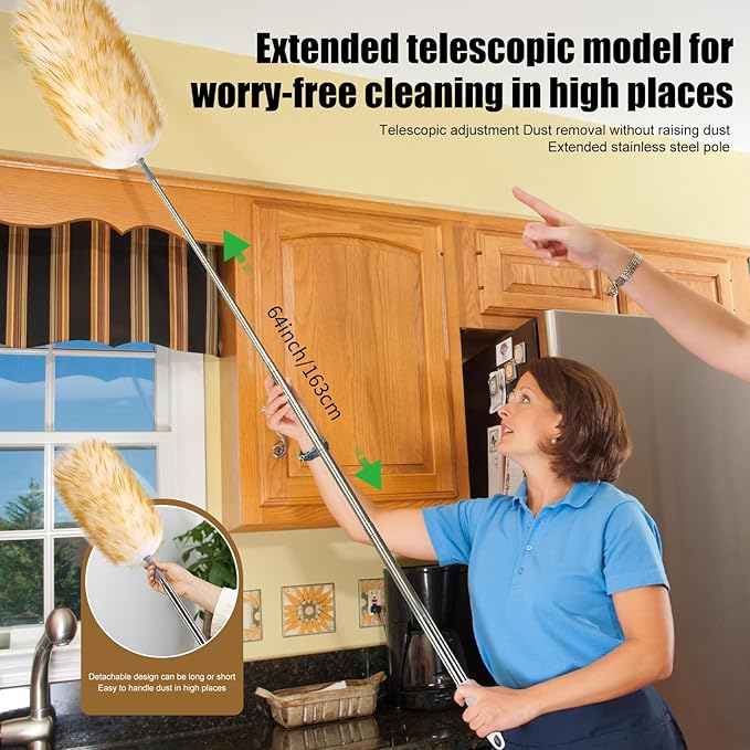 Lambswool Duster 98 inch Retractable Stainless Steel Handle Soft Natural Wool Feather Dusters for Cleaning Office Home Car etc