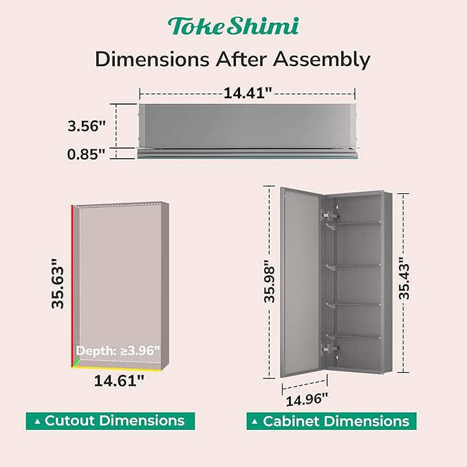 TokeShimi 15 x 36 Farmhouse Medicine Cabinet Recessed or Surface Mount Aluminum, Mirror with Stepless Adjustable Storage, Silver Bathroom Mirror Medicine Cabinet Frameless Metal Modern