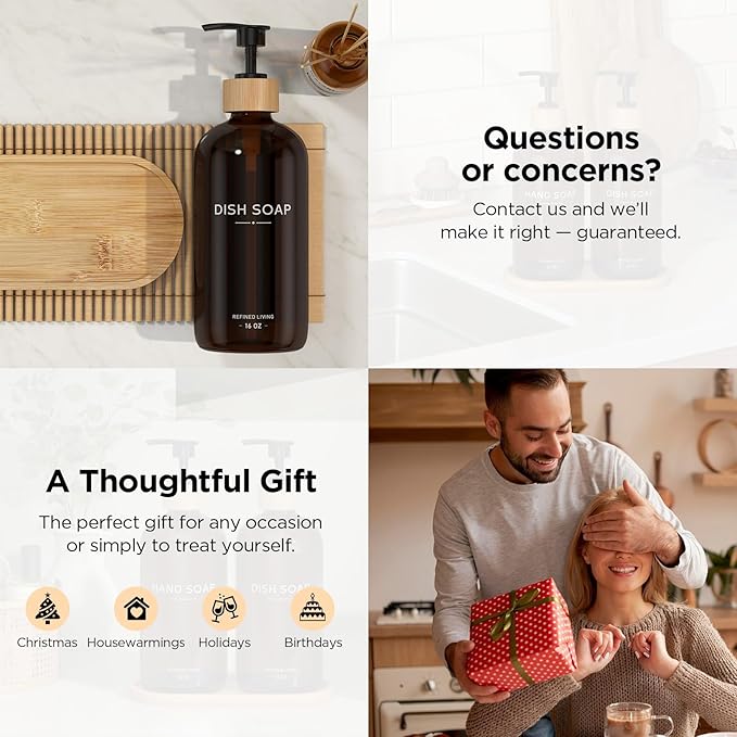 Hand and Dish Soap Dispenser Set,16oz Glass Bottles with Printed Labels, Bamboo Tray & Pump,Countertop Soap Dispensers for Kitchen,Luxury, Minimalist & Farmhouse Decor (Hand Dish (Amber))