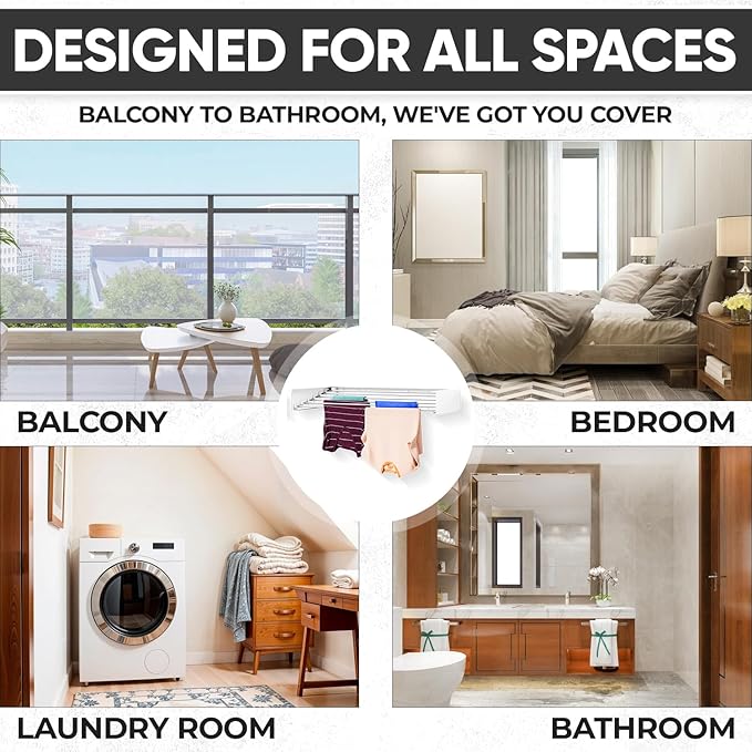 Wall Mounted Laundry Drying Rack, Retractable Clothes Drying Rack, 6 Rods Towel Drying Rack with Wall Template for Installation, Magnetic Dryer Ball Holder with Dryer Balls, White