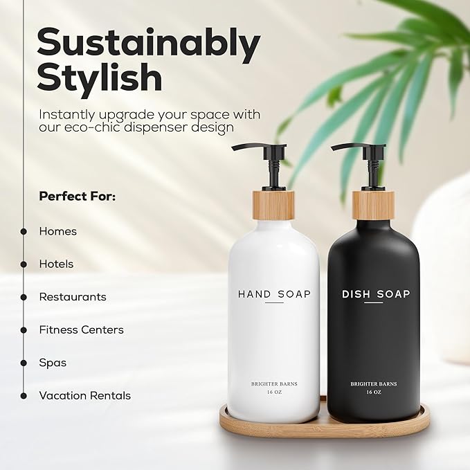 Luxury Glass Hand and Dish Soap Dispenser Set by Brighter Barns - Kitchen Soap Dispenser Set with Tray - Bamboo Pump Bottle for Kitchen Sink - Boho Home Decor, Modern Decor in Restaurant (Black/White)