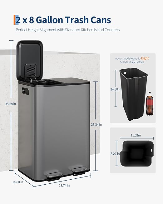 GarveeHome 2 x 8 gal Stainless Steel Double Trash Can with Lid for Kitchen, Large Dual Trash and Recycle Bin Combo, Step-on Kitchen Metal Garbage Cans, PP Inner Buckets, Liner Rim, Matte Grey