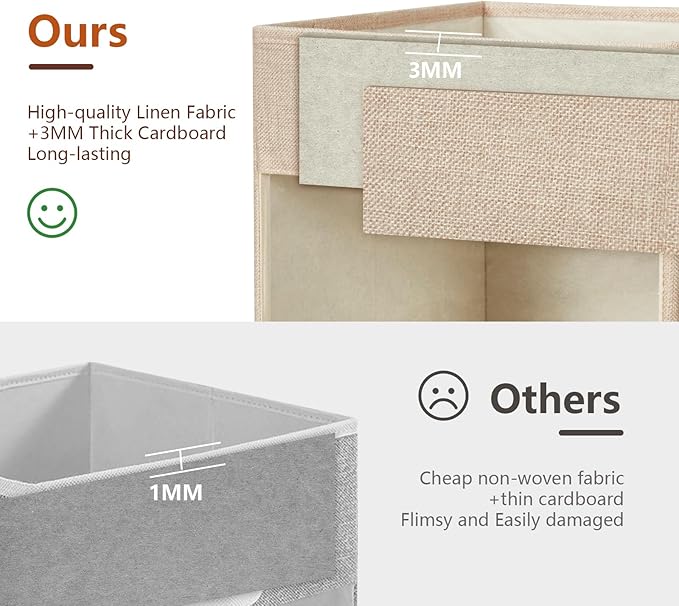 Storage Cube Organizer with Clear Window, Linen Collapsible Storage Boxes with PU Handles, Cube Storage Bins for Shelf, Closet, Cabinet, Bookcase (10.5x10.5x11, Khaki)
