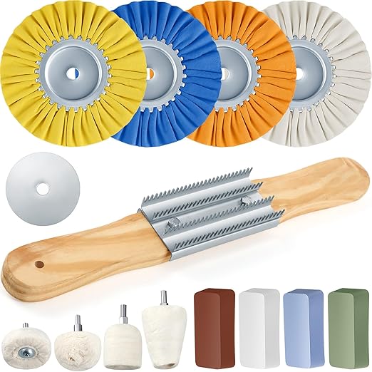 Liliful 15 Pcs 8" Airway Polishing Wheel Kit in Diameter 5/8", Metal Aluminum Buffing Wheel and Polishing Compound and Buffing Drill and Rake Pad for Angle Grinder Mirror Metal Finish (Bright Color)