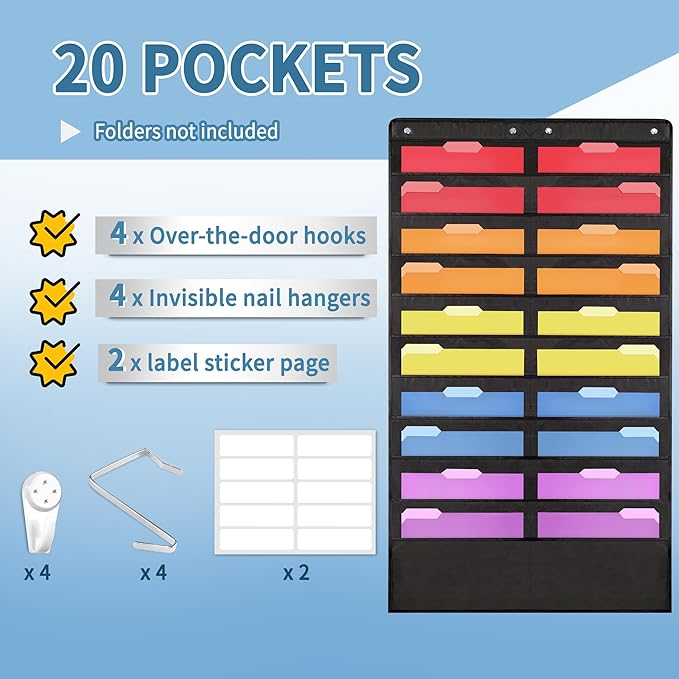 Annecy 20 Pockets Hanging Wall File Organizer, Black Storage Pocket Chart for File Folder and Paper, Space Saver for Office and Classroom, with Wall Hangers, Over The Door Hooks, Labels