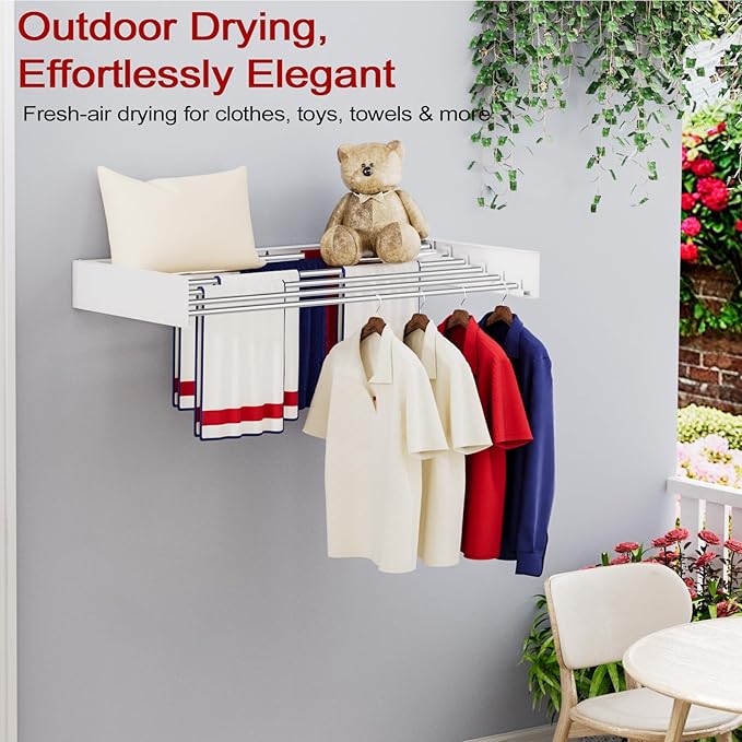 Wall Mounted Drying Rack 40", Foldable Laundry Drying Rack with Stainless Steel Rods, Retractable Laundry Space Saver for Indoor & Outdoor Use, Include Wall Template