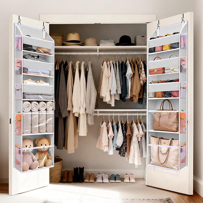 5 Tiers Over Door Organizer with 10 Mesh Side Pockets, 50 lbs Weight Capacity Hanging Storage Organizer with Clear Window Kids Toys, Shoes, Diapers, Light Gray