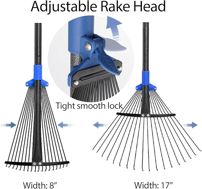 Rake for Leaves, 5ft Adjustable Metal Garden Leaf Rake with Expandable Head 7-16", Small Cllapsible Rakes for Lawns Gardening Camping Heavy Duty