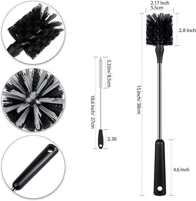 4 Pack Water Bottle Brushes with Straw Cleaner, Stainless Steel Handle Baby Bottle Brush Cleaner, Kitchen Scrub Cleaning Brushes for Cup, Wine Glasses, Coffee Mugs, Tumblers, Wine Decanters, Black